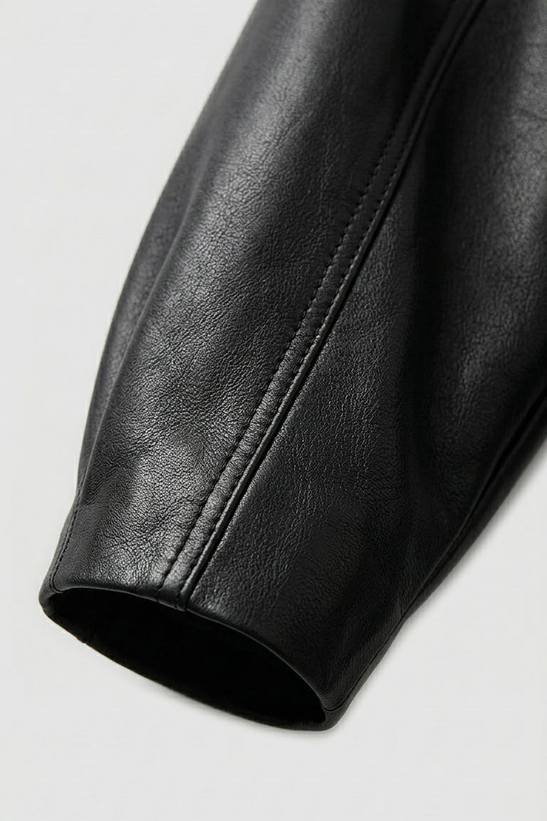HADLEY - Black leather blazer sleeve detail, stitched seam, smooth texture