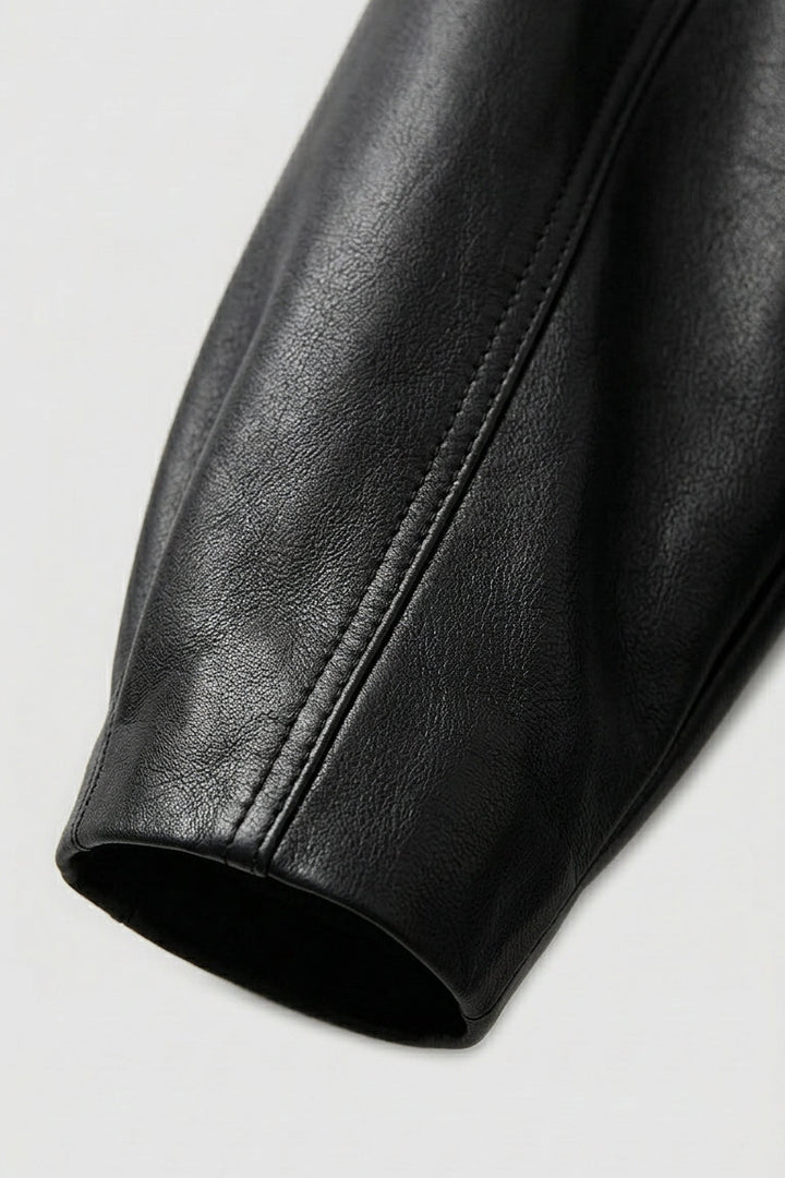 HADLEY - Black leather blazer sleeve detail, stitched seam, smooth texture