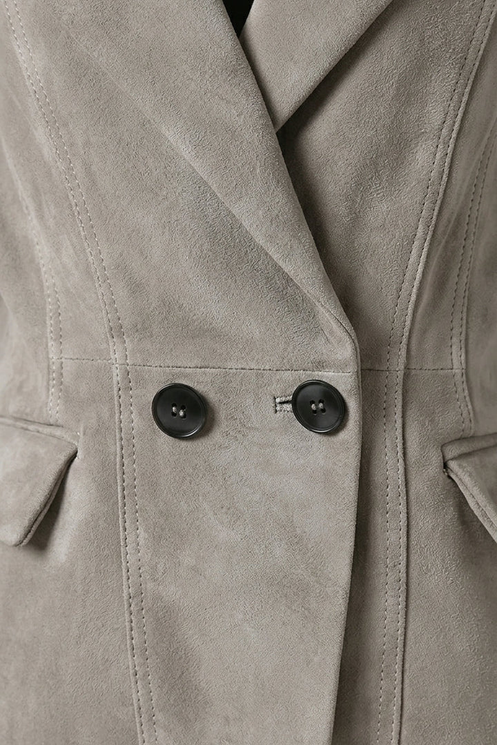 HADLEY - Grey suede blazer button and pocket detail, close-up