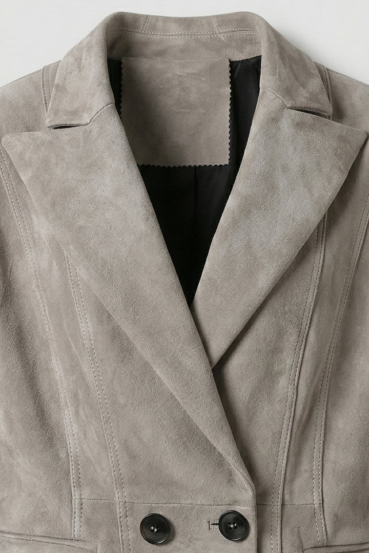 HADLEY - Grey suede blazer collar and lapel detail, close-up