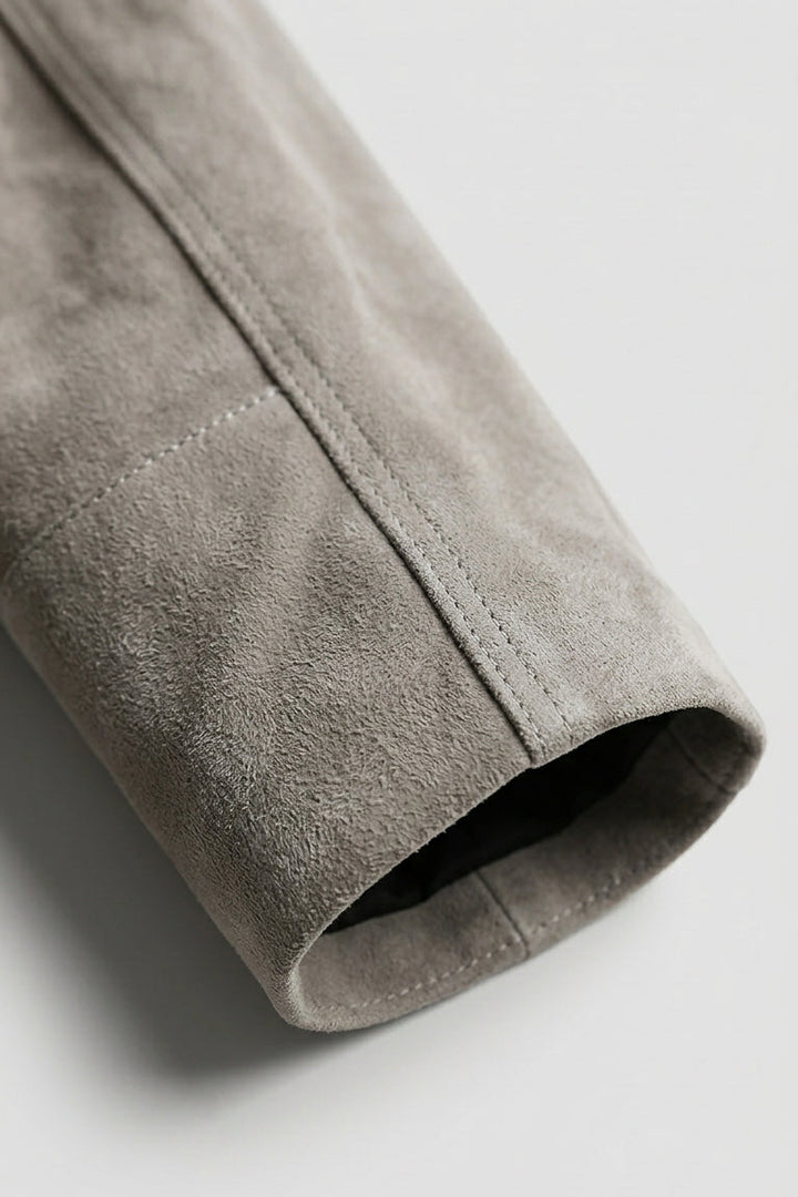 HADLEY - Grey suede blazer sleeve cuff detail, close-up