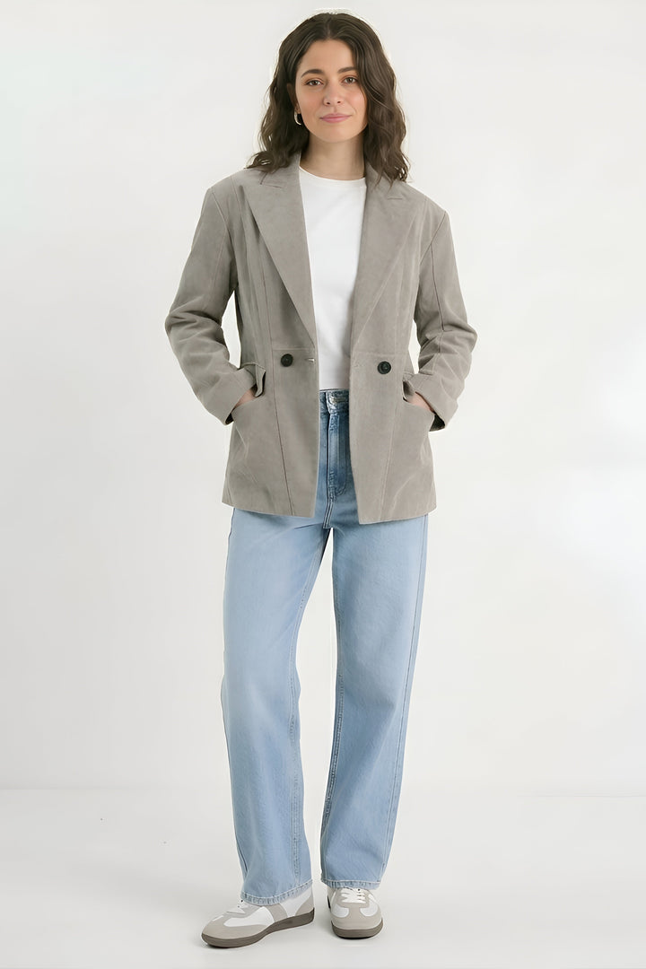 HADLEY - Grey suede blazer, full body shot, hands in pockets