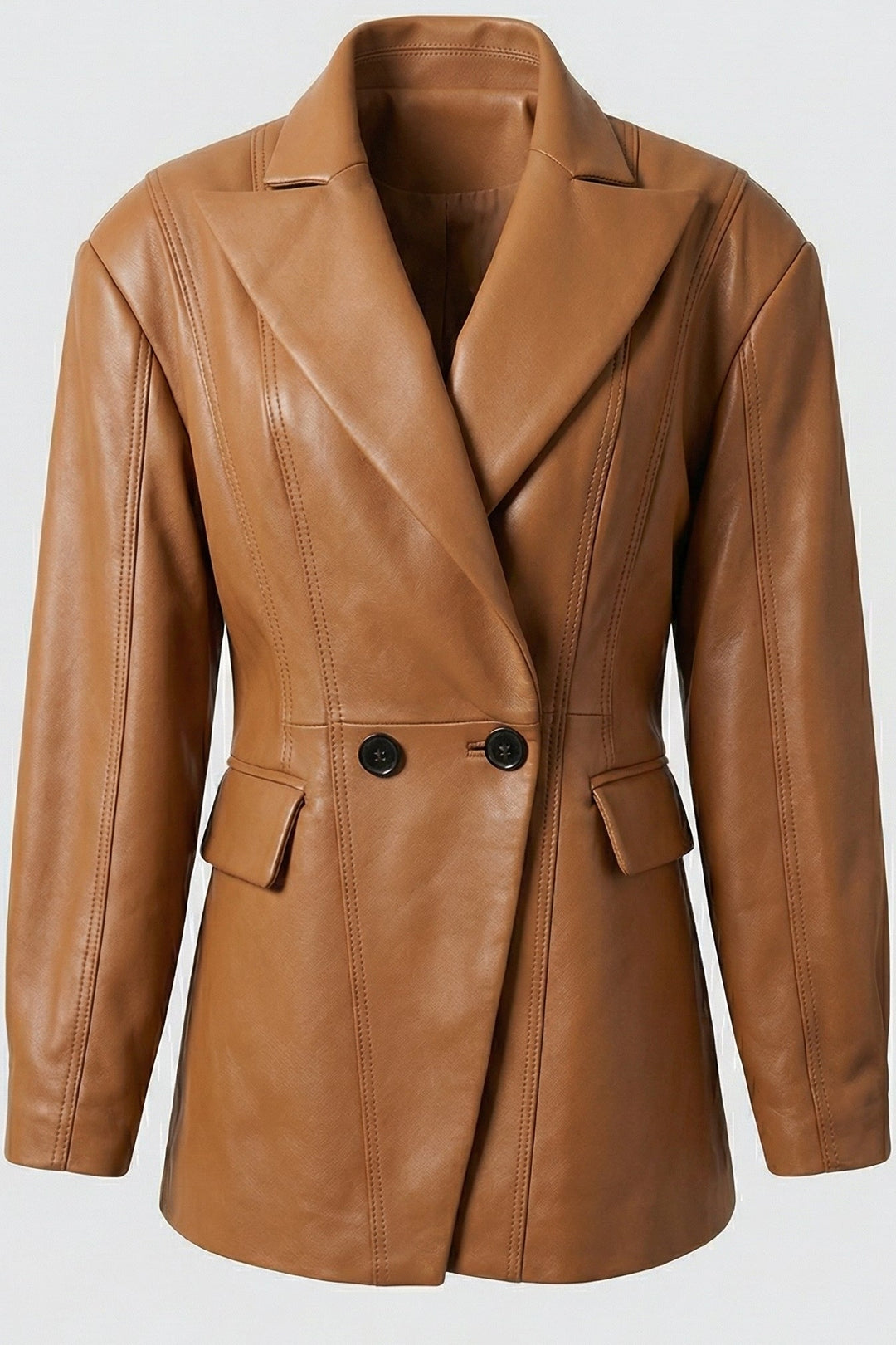 HADLEY - Tan leather blazer, front view, full outfit, professional attire
