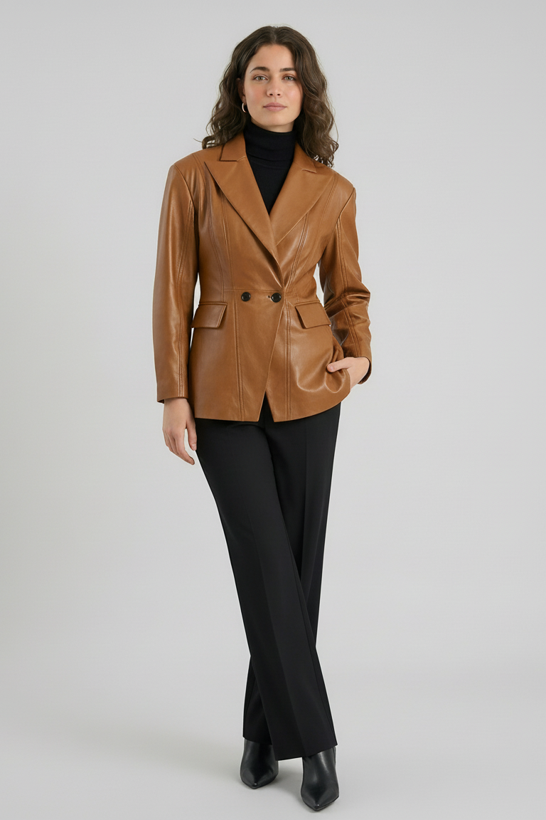 HADLEY - Tan leather blazer, double-breasted, tailored fit, model posing