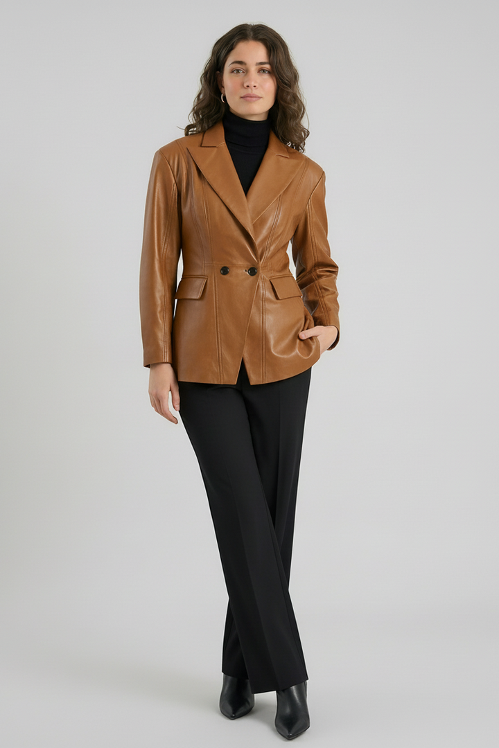 HADLEY - Tan leather blazer, double-breasted, tailored fit, model posing