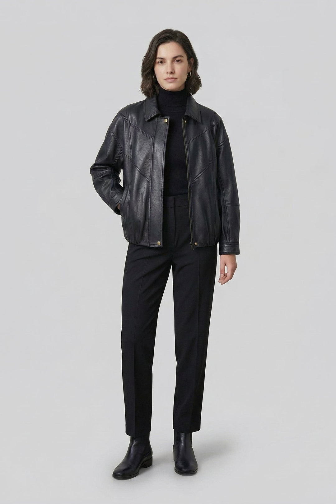 HAILEY - Black leather bomber jacket, front view
