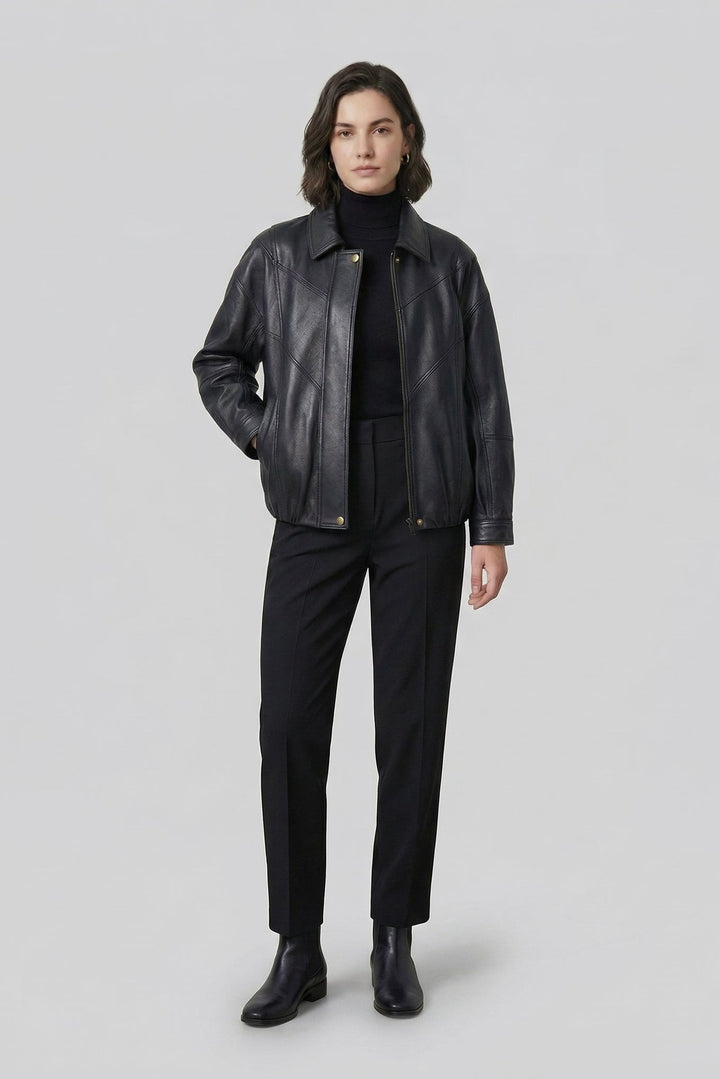 HAILEY - Black leather bomber jacket, front view
