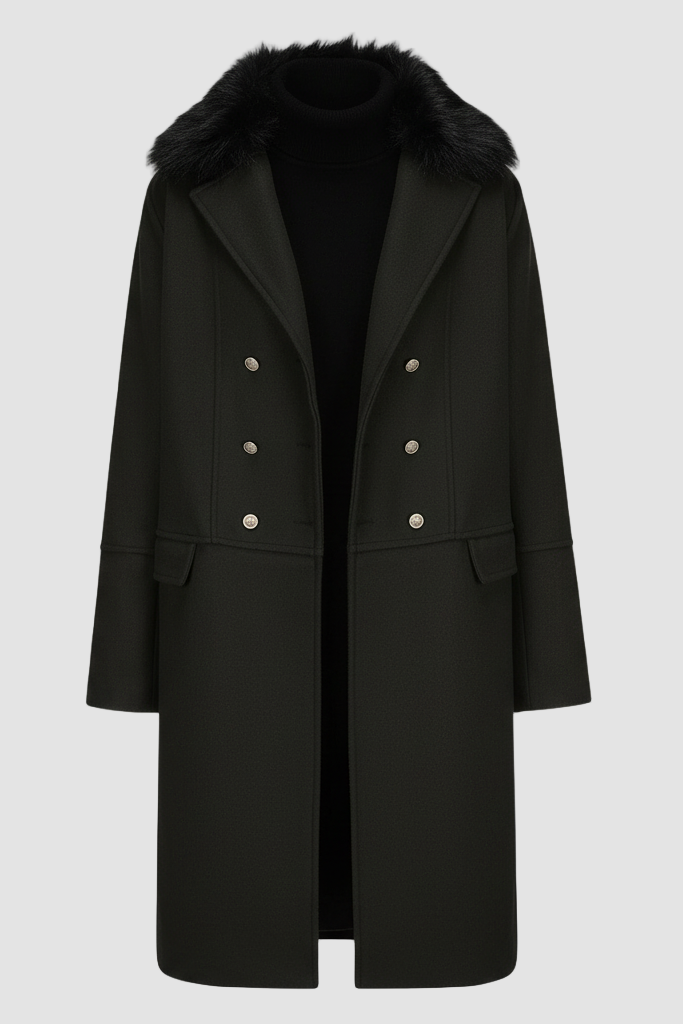 Man wearing HARLENE Wool Blend Double-Breasted Coat in tobacco color with removable faux fur collar.