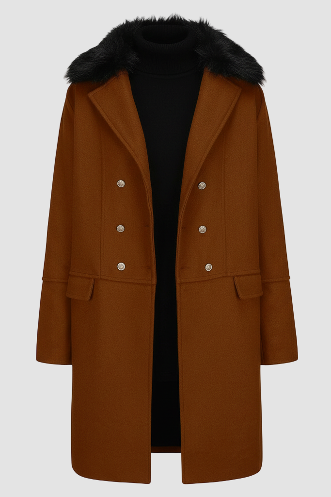 Man wearing HARLENE Wool Blend Double-Breasted Coat in tobacco color with removable faux fur collar.