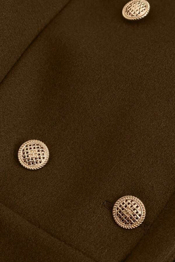 Front detail of HARLENE Wool Blend Double-Breasted Coat highlighting metallic buttons and smooth wool-blend fabric.