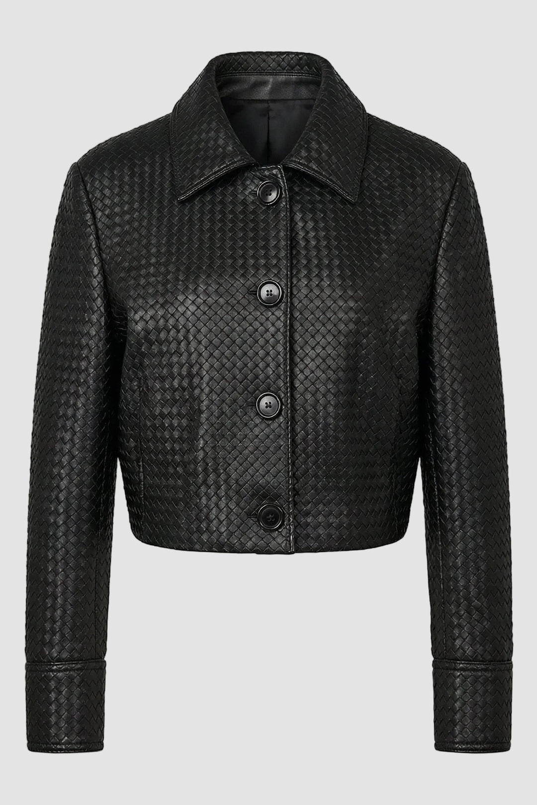HARLOW - Knitted Sheepski, black, woven texture, collared jacket