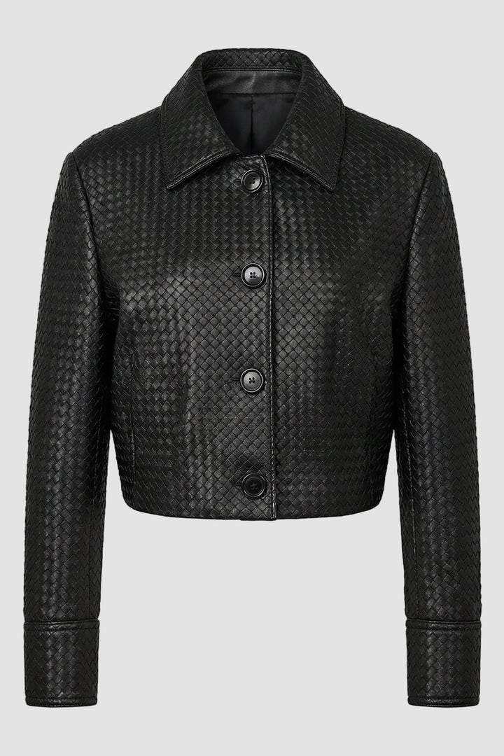 HARLOW - Knitted Sheepski, black, woven texture, collared jacket