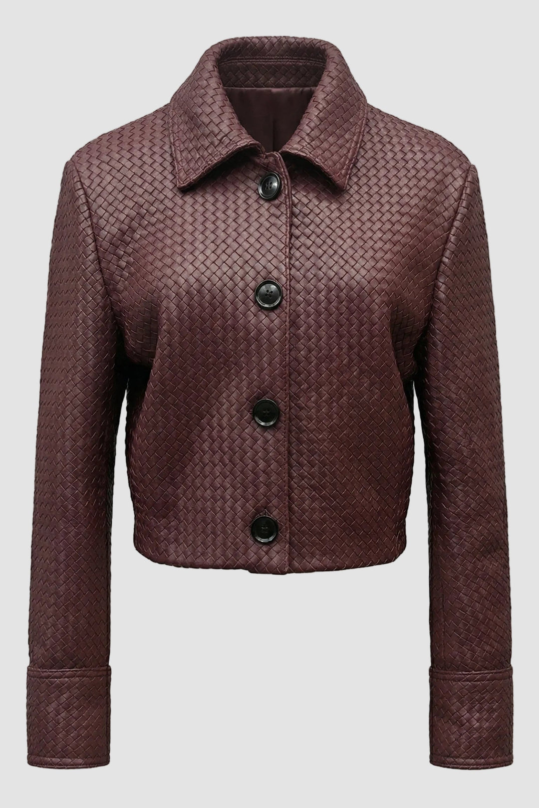 HARLOW - Knitted Sheepski, burgundy, woven texture, collared jacket