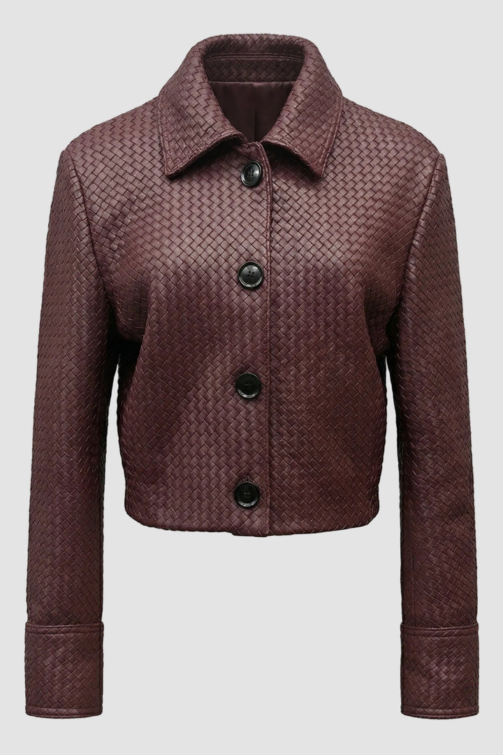 HARLOW - Knitted Sheepski, burgundy, woven texture, collared jacket