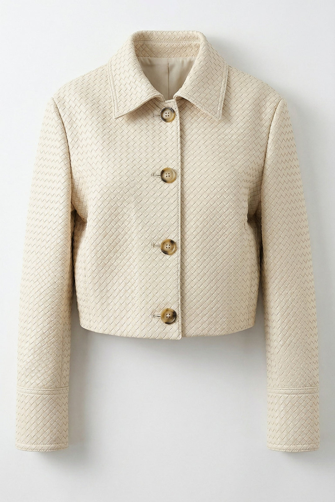 HARLOW - Knitted Sheepski, cream, woven texture, collared jacket