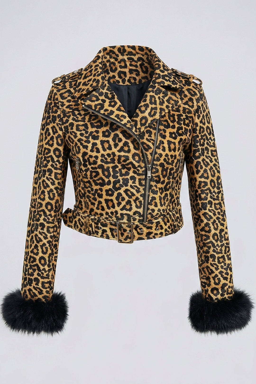 HARLOW - Leopard Leather Jacket, Studio Shot, Plain Background