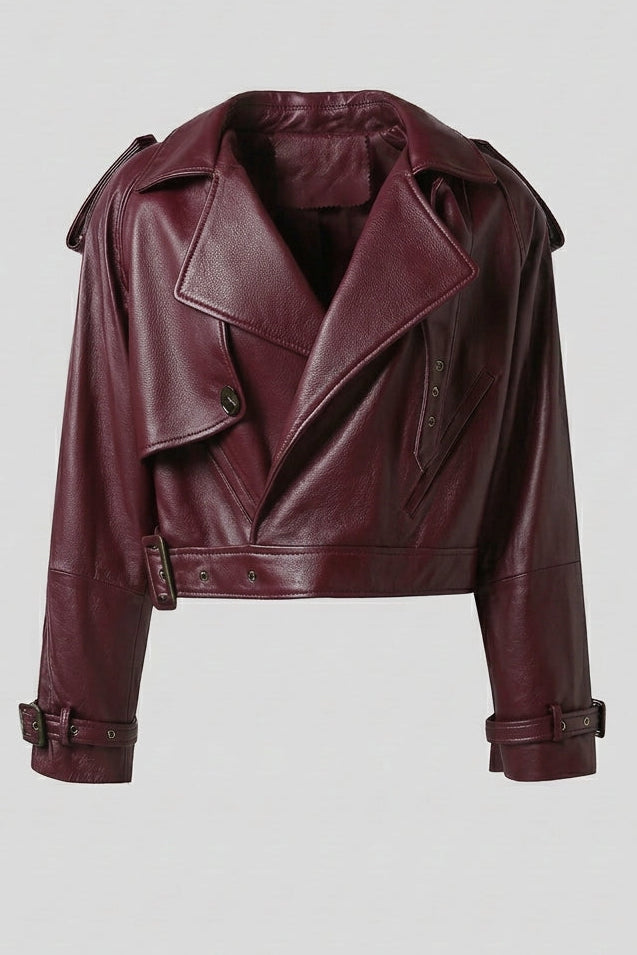 HARMONY - Sheepskin Leath jacket, full front view in burgundy
