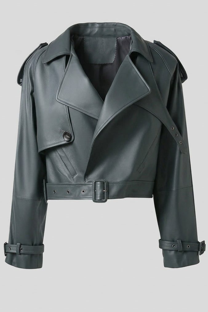 HARMONY - Sheepskin Leath jacket, full front view in teal