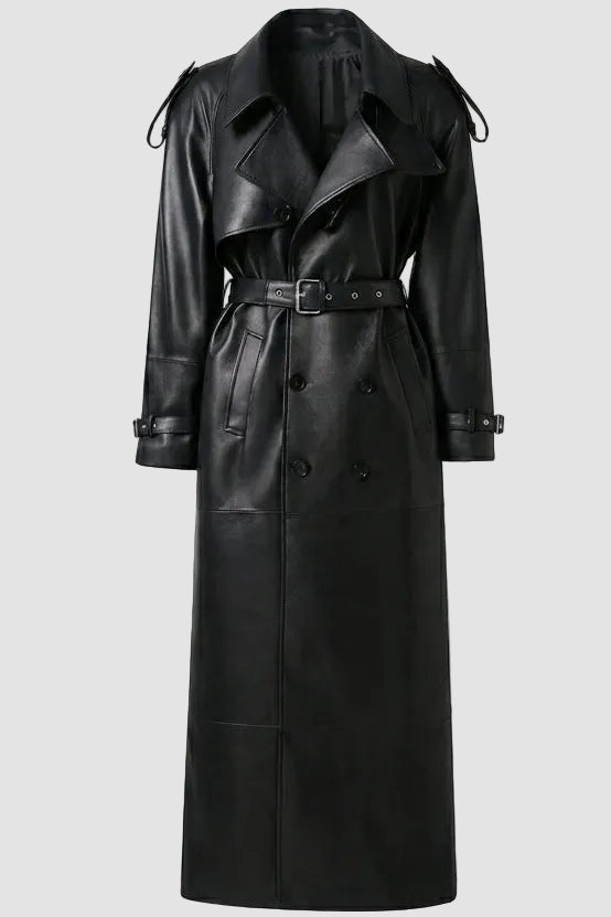 HAYES - Long Sheepskin Black Leather Jacket - front view