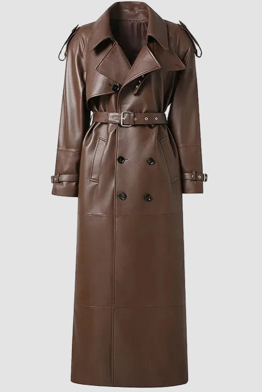 HAYES - Long Sheepskin Brown Leather Jacket - front view