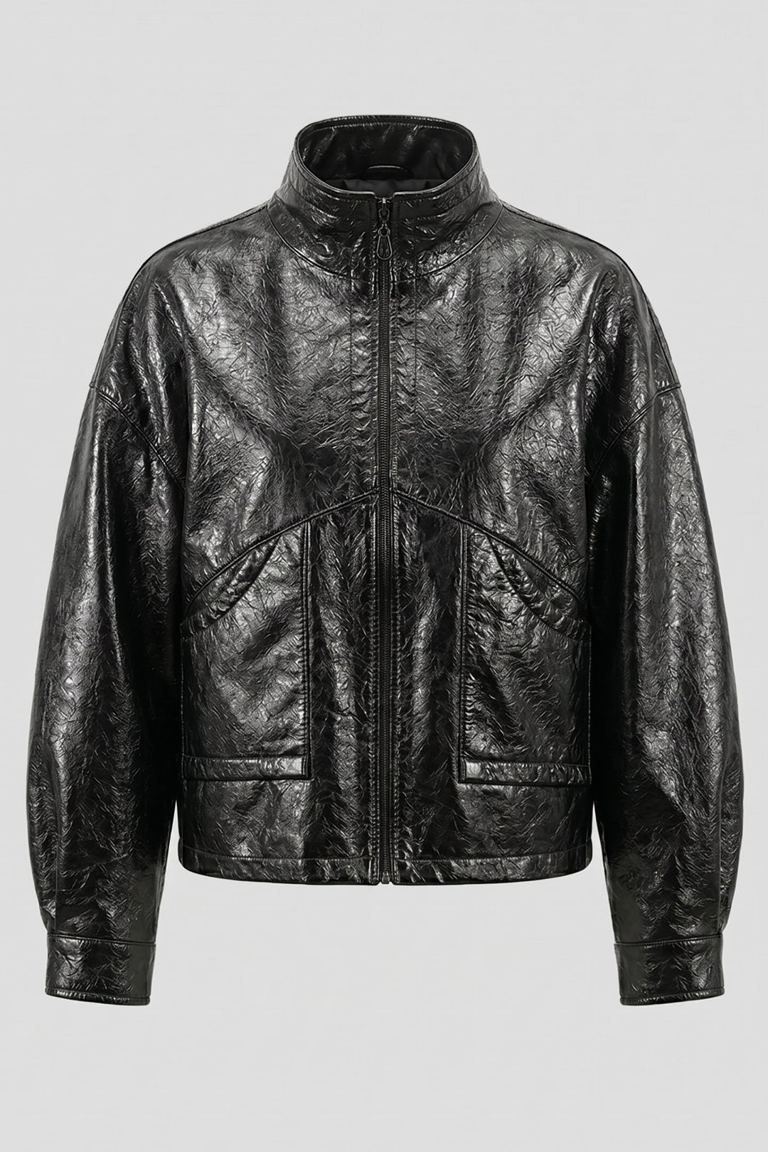 HELOISE - STAND COLLAR VI, black faux leather jacket, textured finish, front zipper, chest pockets