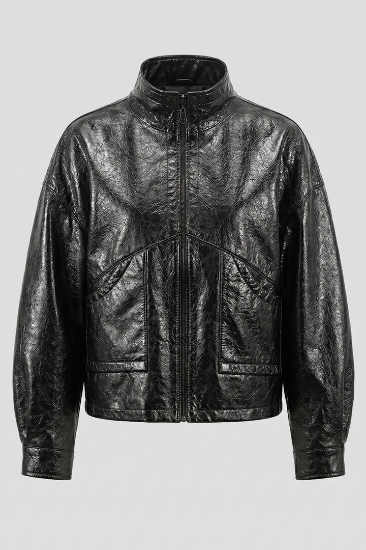 HELOISE - STAND COLLAR VI, black faux leather jacket, textured finish, front zipper, chest pockets
