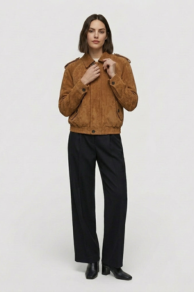 HENLEY - Suede jacket detail, button closure, collar, Rule Strict: Generete in english