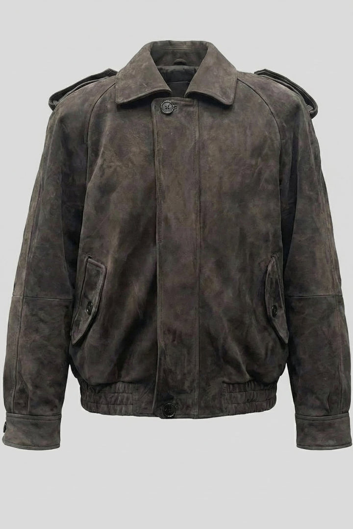 HENLEY - Model in a different pose with brown suede jacket, Rule Strict: Generete in english