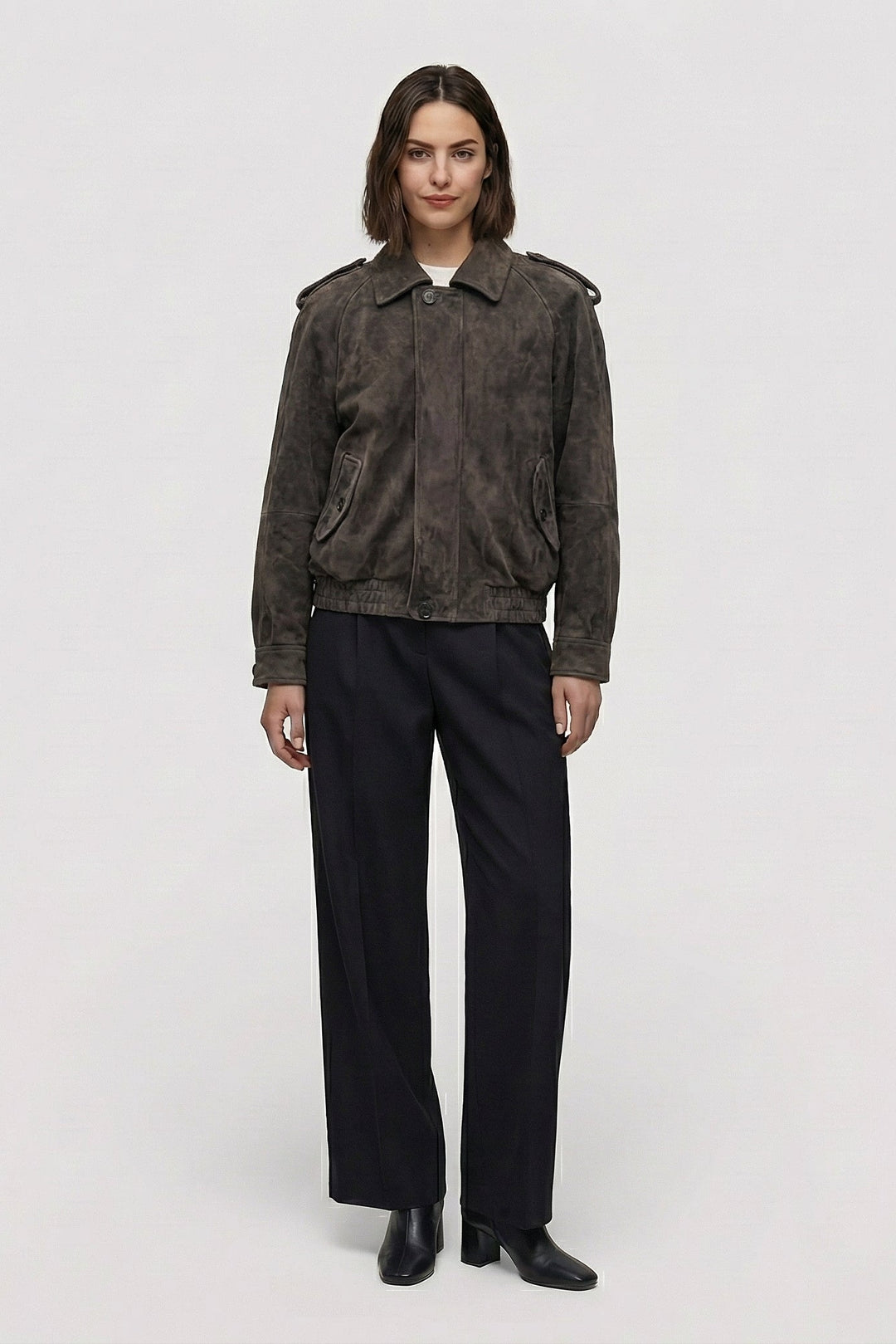 HENLEY - Dark grey suede jacket, textured fabric, front view, Rule Strict: Generete in english