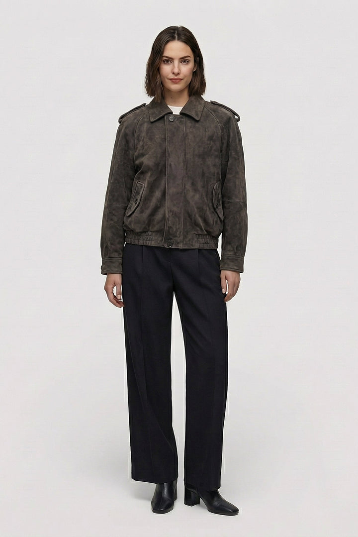 HENLEY - Dark grey suede jacket, textured fabric, front view, Rule Strict: Generete in english
