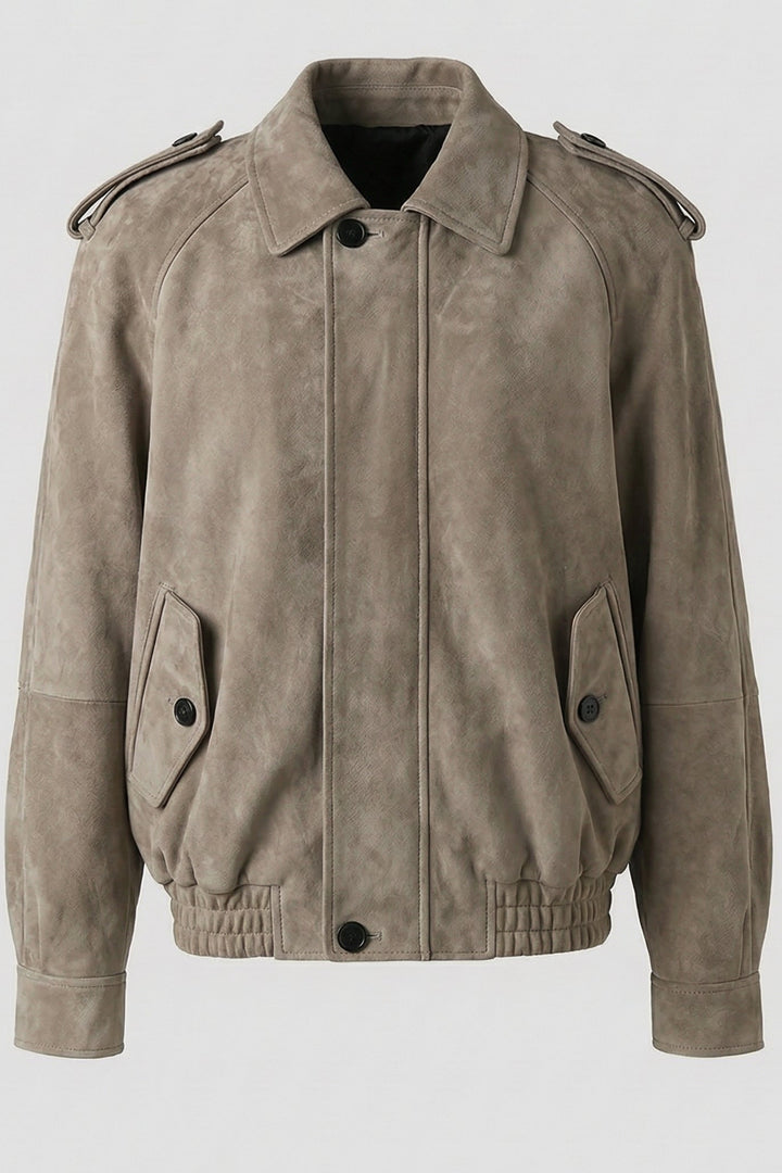 HENLEY - Suede jacket texture close-up, natural light, Rule Strict: Generete in english