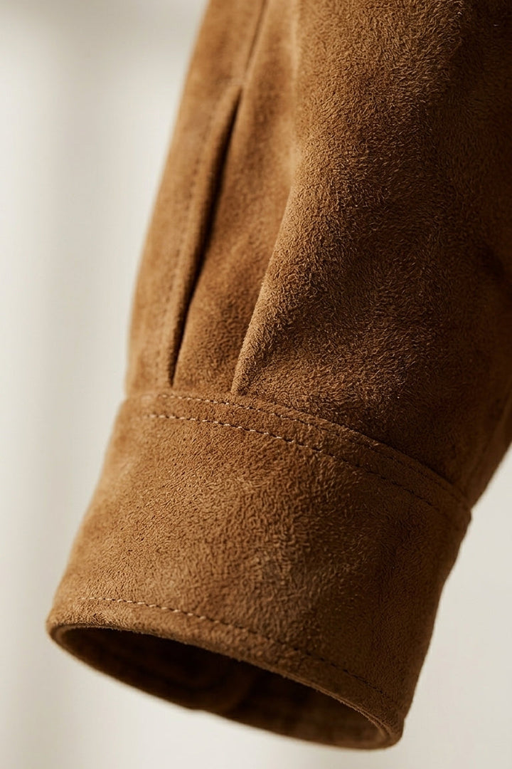 HENLEY - Grey suede jacket, fashion photography, outdoor setting, Rule Strict: Generete in english
