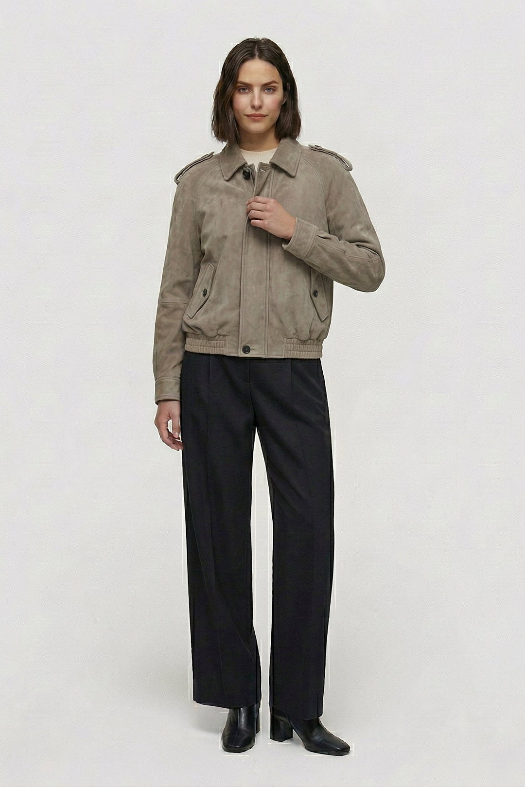 HENLEY - Close-up of suede jacket collar and shoulder detail, Rule Strict: Generete in english