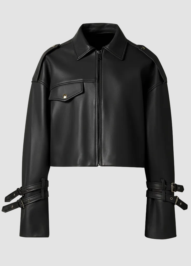 HOLLIS - Black faux leather cropped motorcycle jacket, full view showing silhouette and details