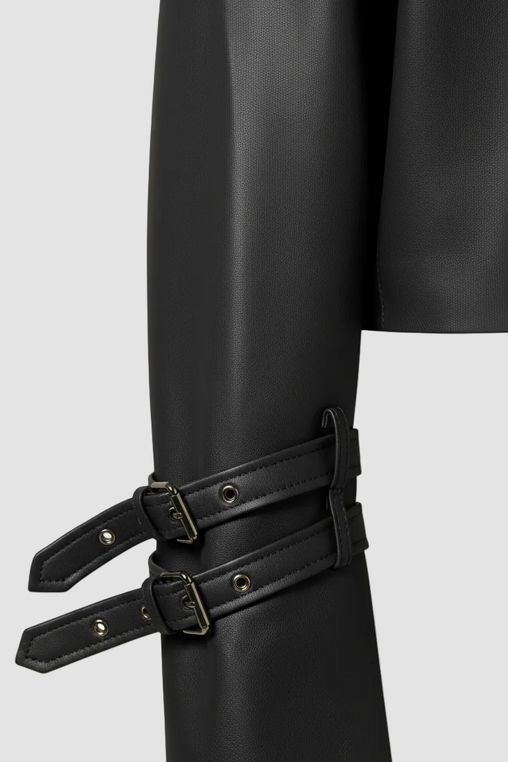 HOLLIS - Black faux leather motorcycle jacket, sleeve detail with double buckle straps