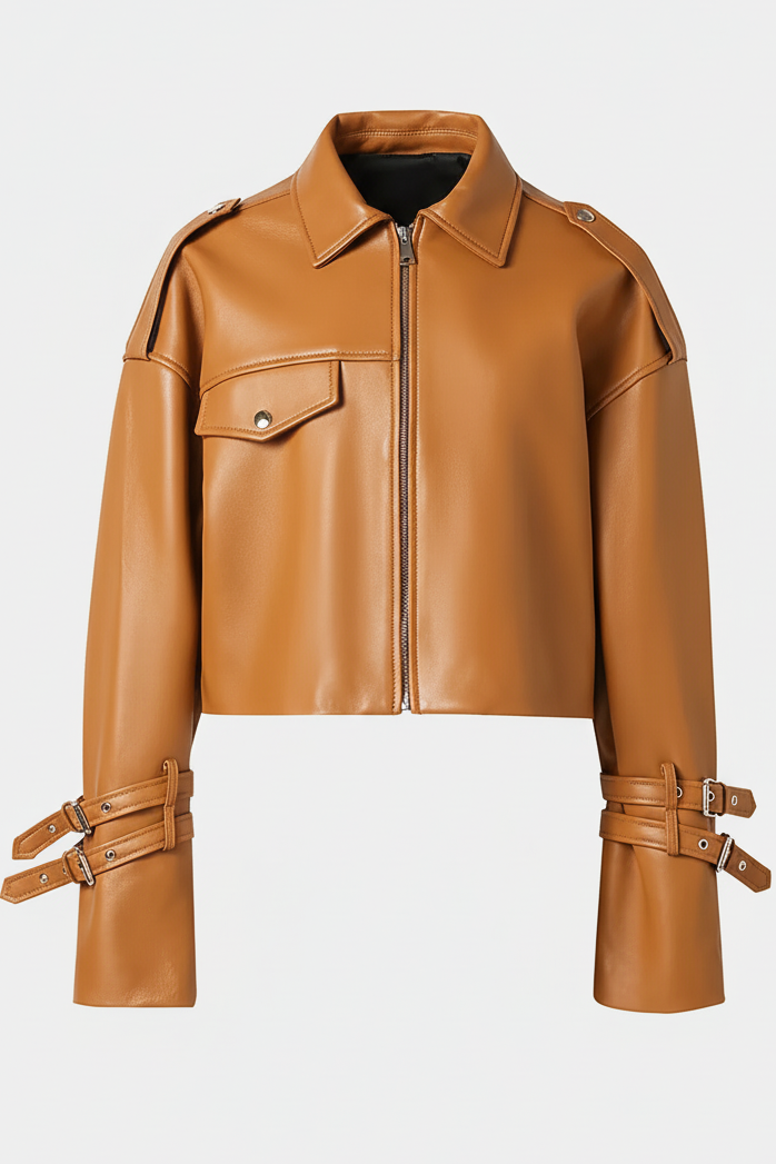 HOLLIS - Camel Cropped leather jacket full shot