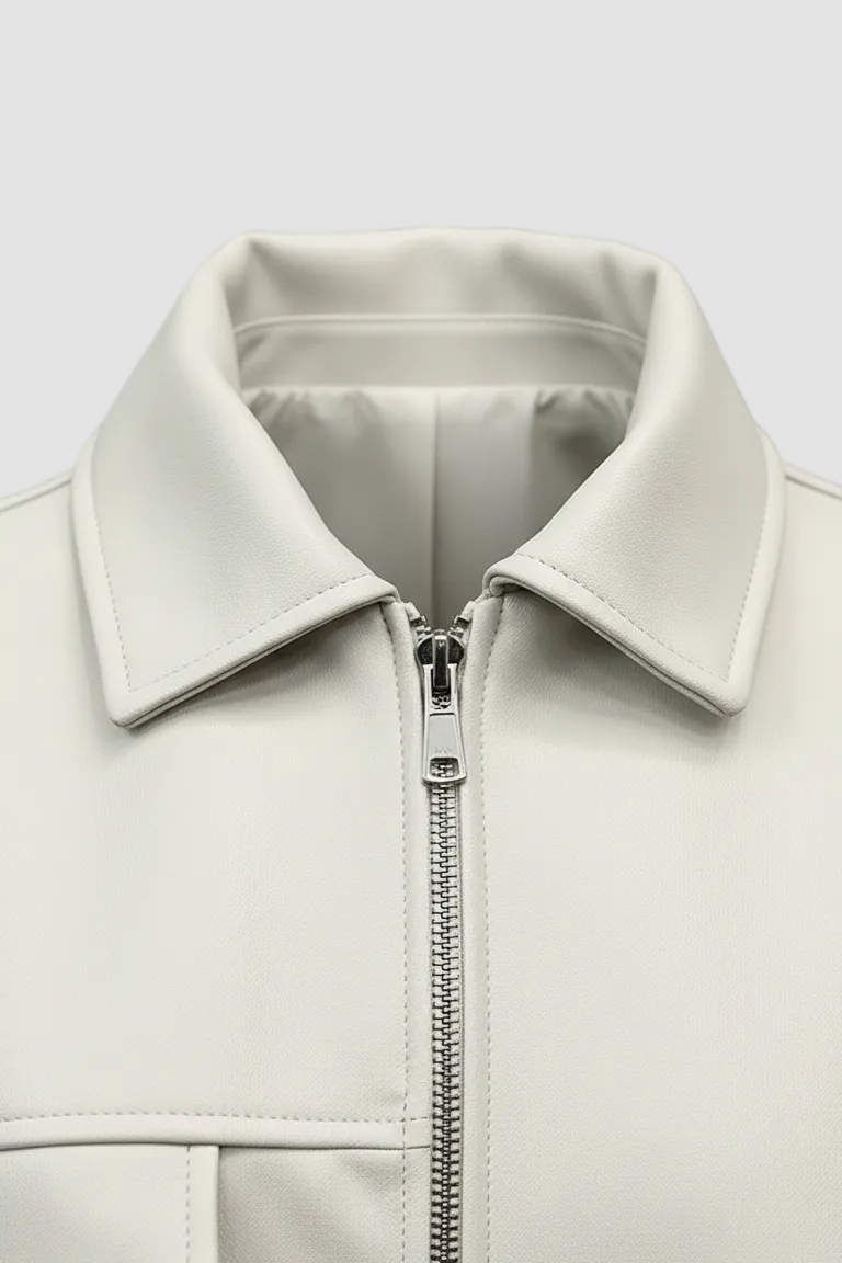 HOLLIS - Close-up of cream faux leather jacket collar and zipper