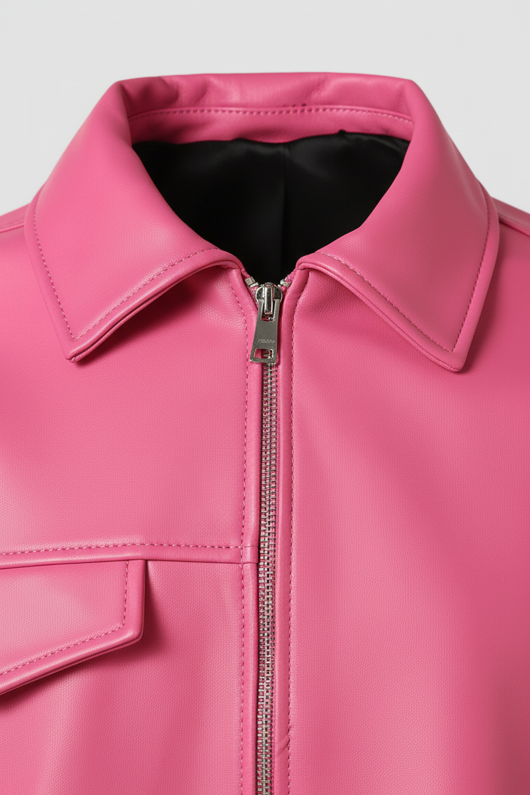 HOLLIS - Close-up of pink leather jacket collar and zipper