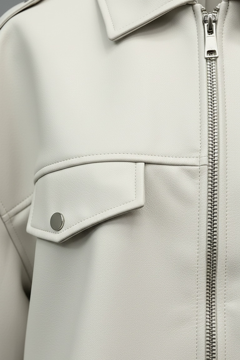 HOLLIS - Cream faux leather jacket chest pocket detail