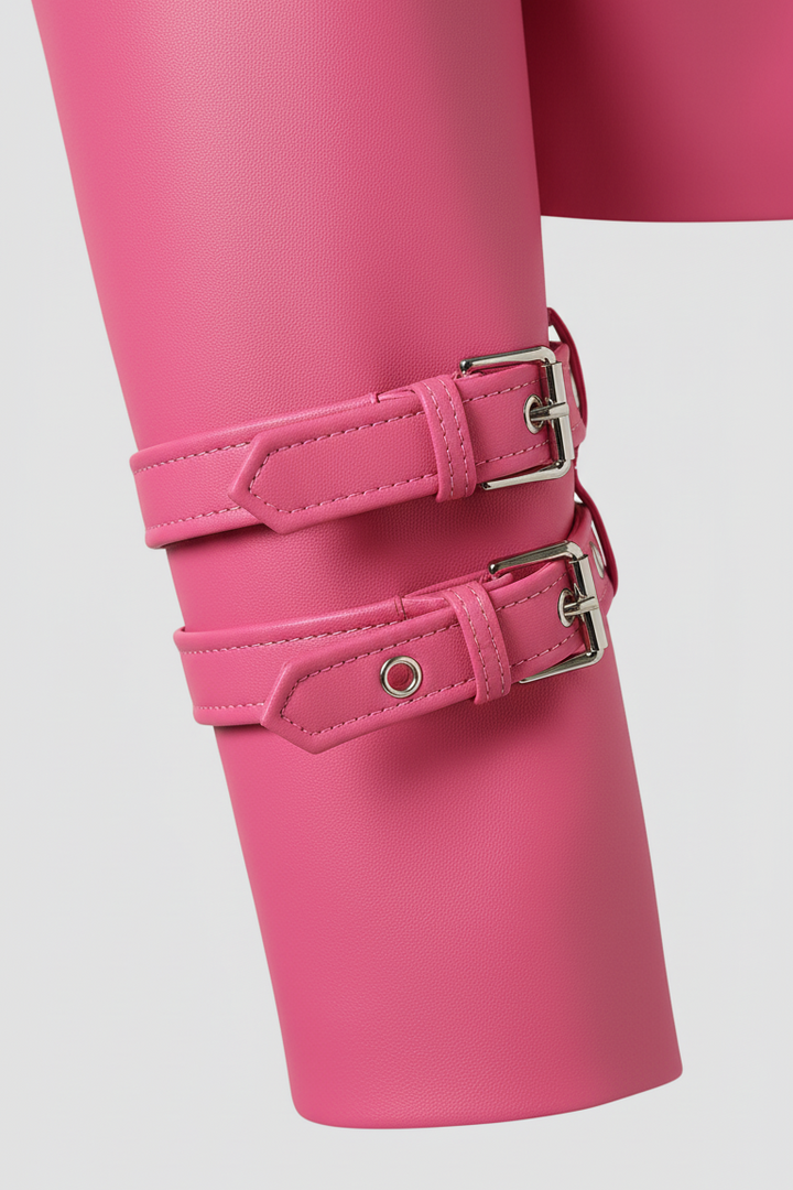 HOLLIS - Pink faux leather jacket with buckle details on sleeves