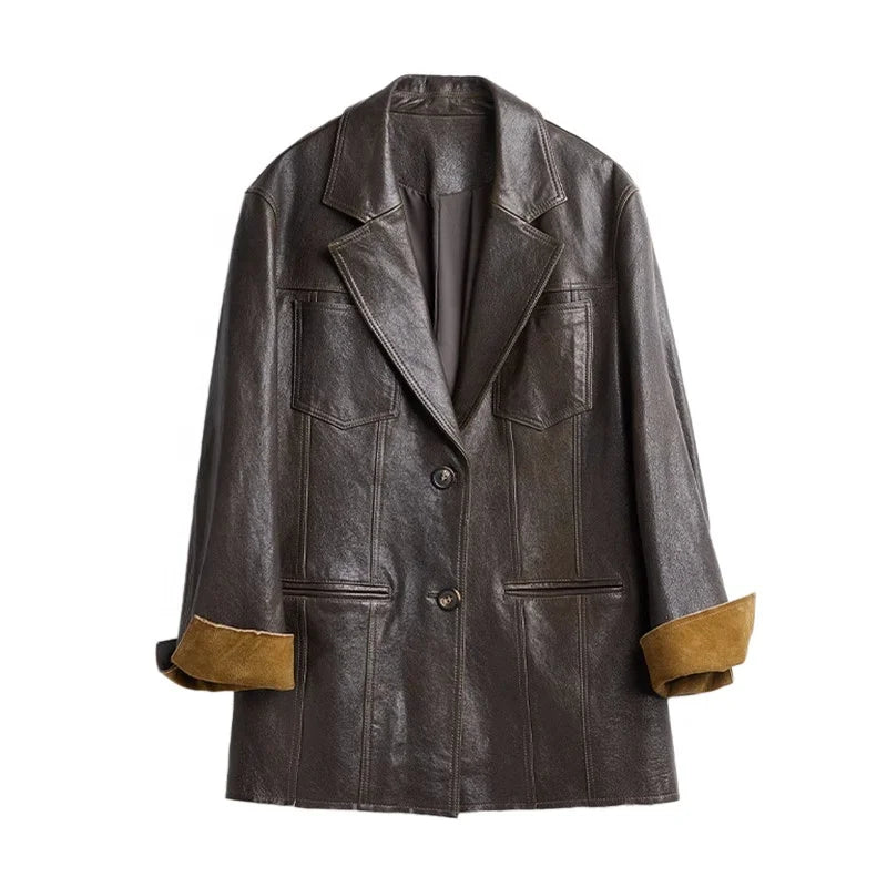 ADDISON - Brown leather blazer, lapel collar, button front, cuffed sleeves