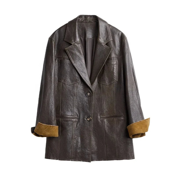 ADDISON - Brown leather blazer, lapel collar, button front, cuffed sleeves