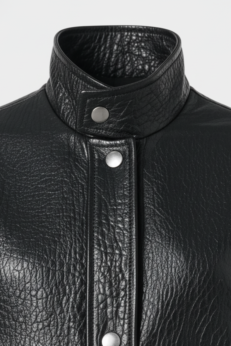 INDIE - Black Vintage Leather Bomber Jacket, Detail of collar and Buttons