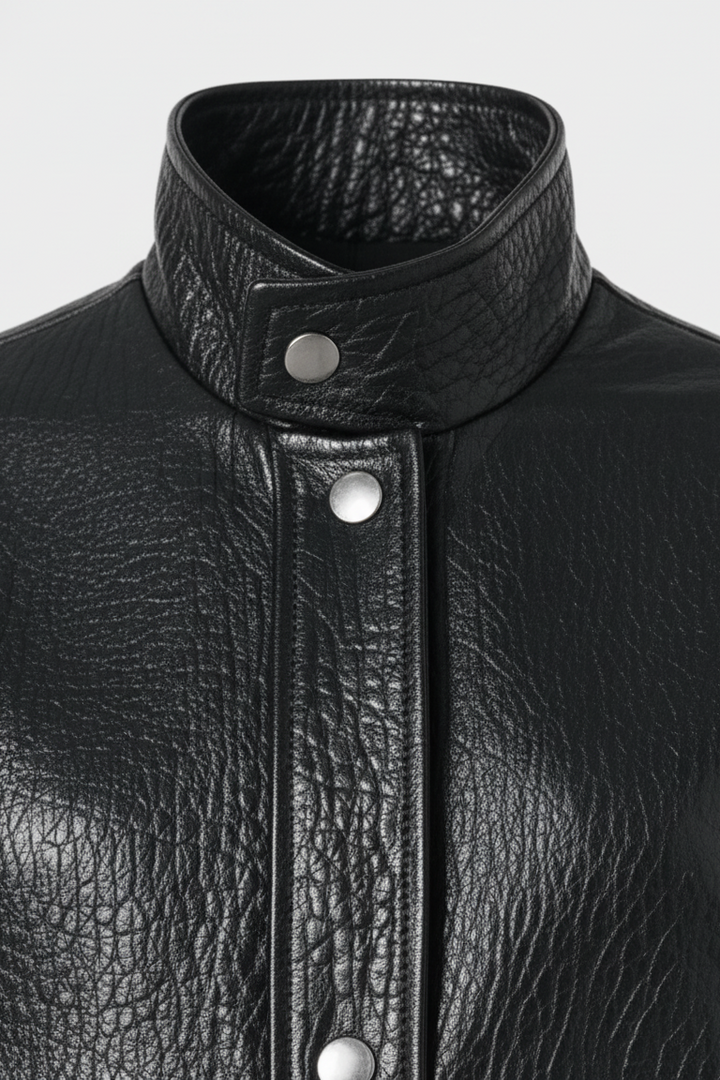 INDIE - Black Vintage Leather Bomber Jacket, Detail of collar and Buttons