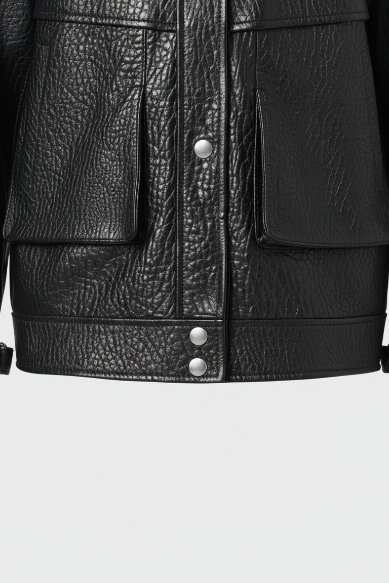 INDIE - Black Vintage Leather Bomber Jacket, buttons detail