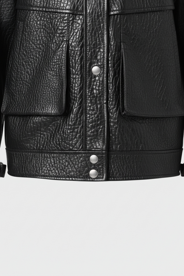 INDIE - Black Vintage Leather Bomber Jacket, buttons detail