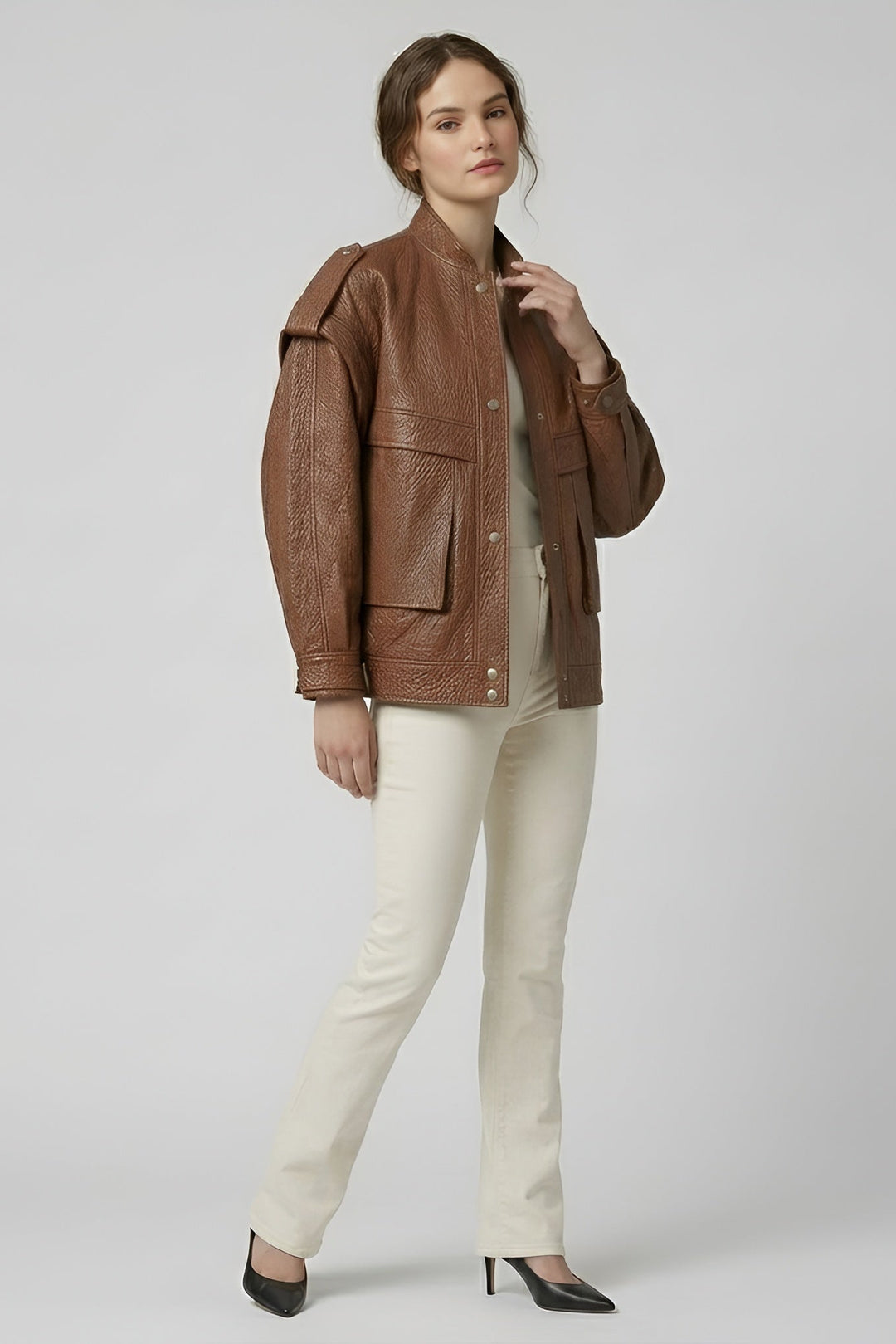 INDIE - Copper rose Vintage Leather Bomber Jacket, Model Touching Neck
