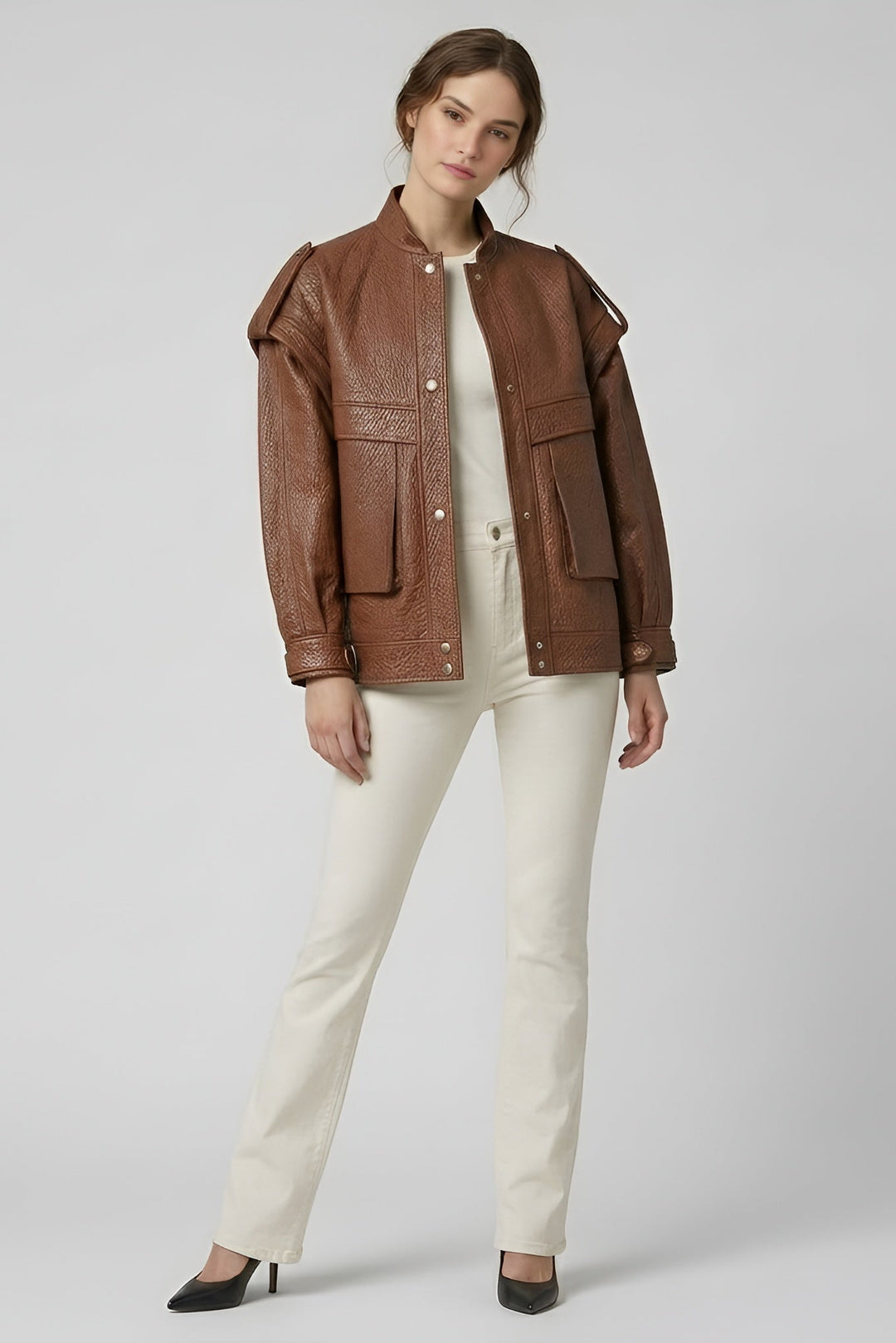 INDIE - Copper rose Vintage Leather Bomber Jacket, Women's Fashion, Front View