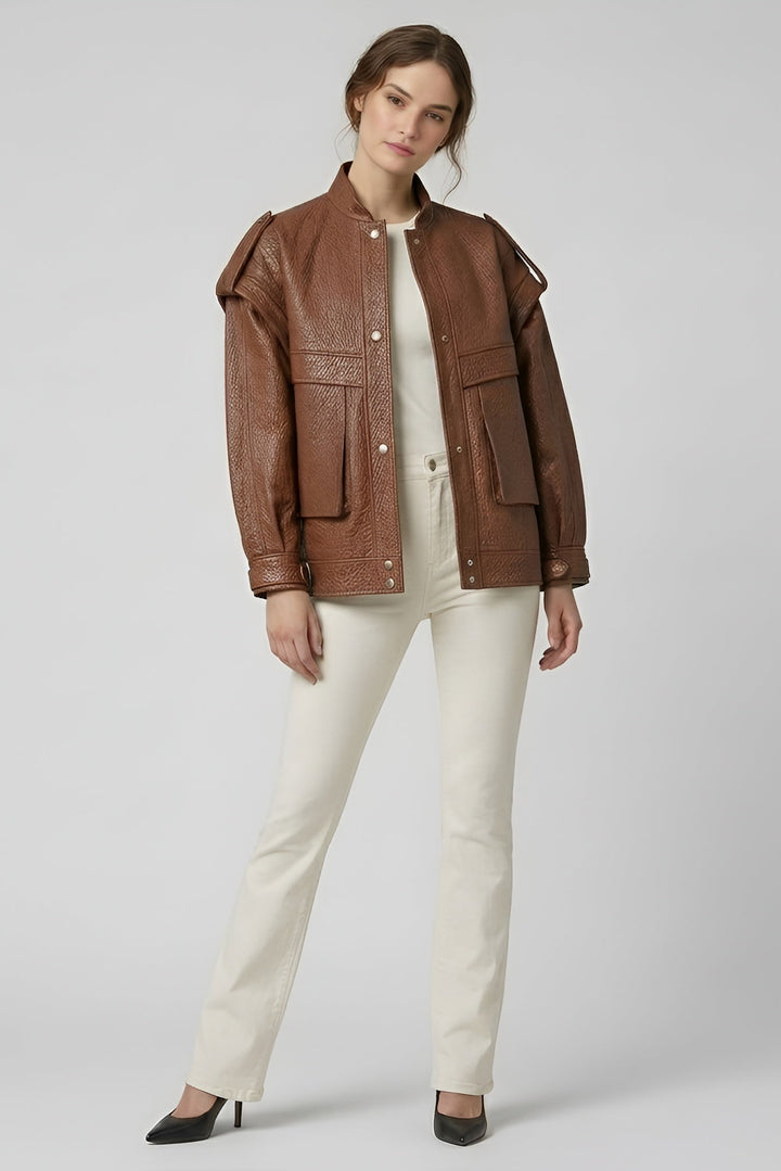 INDIE - Copper rose Vintage Leather Bomber Jacket, Women's Fashion, Front View