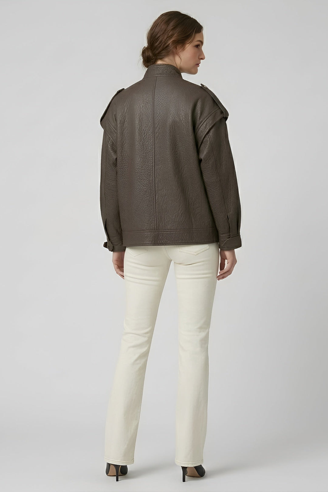 INDIE -  Dark Brown Vintage Leather Bomber Jacket, Back View, Studio Shot